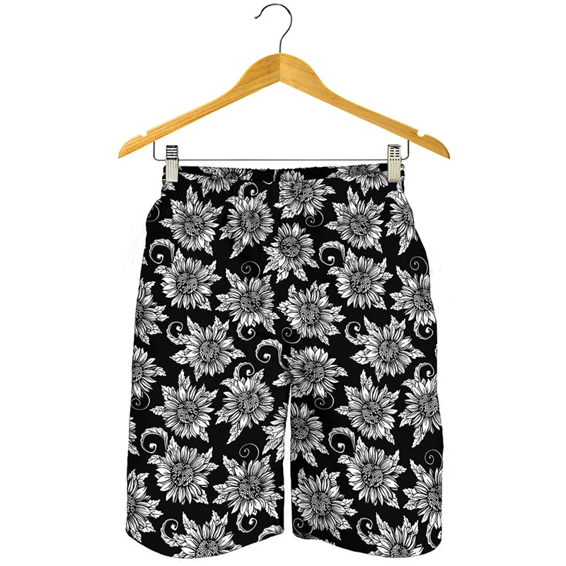 Black White Art Sunflower Beach Shorts Men Hot Sale 3d Print Plants Floral Graphic Swimming Trunks Kids Surfing Board Shorts