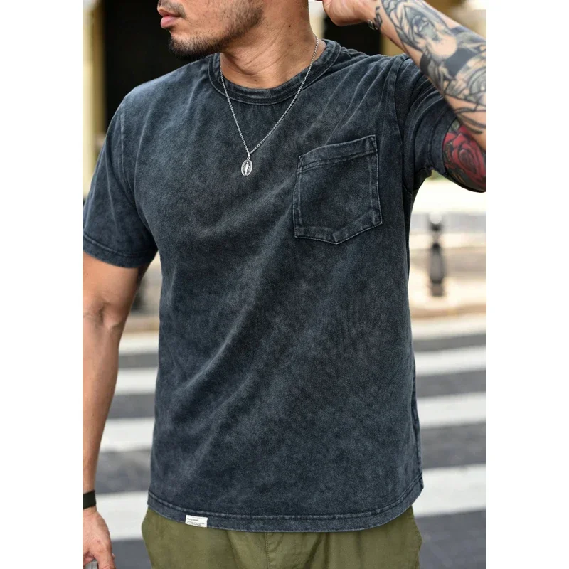 Saucezhan Oldtime stone washed tee Mens T-shirt VINTAGE Mens Batik T-shirt Pure Cotton Anti-deformation Soft Double-woven fabric