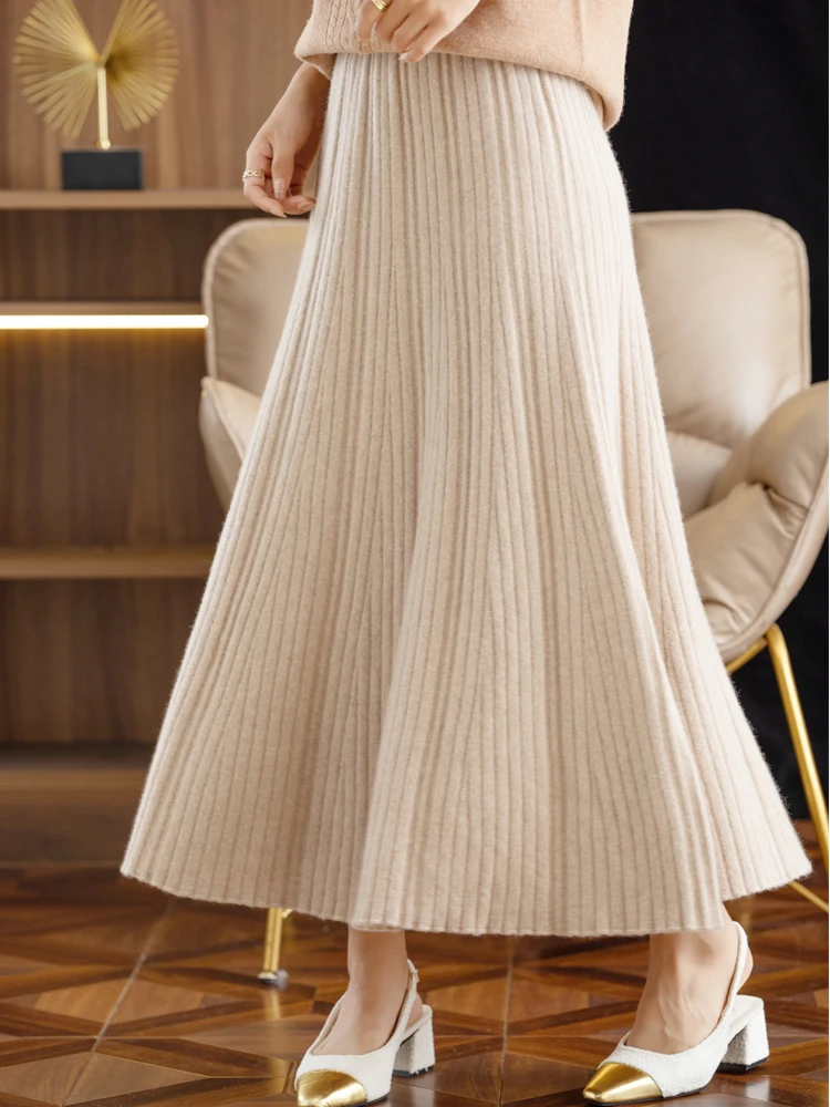 Elegant ผู้หญิงจีบกระโปรง 100% Merino ขนสัตว์กระโปรง A-Line กระโปรงยาวนุ่มฤดูใบไม้ร่วงฤดูหนาว Slim Elastic เอวสํานักงาน