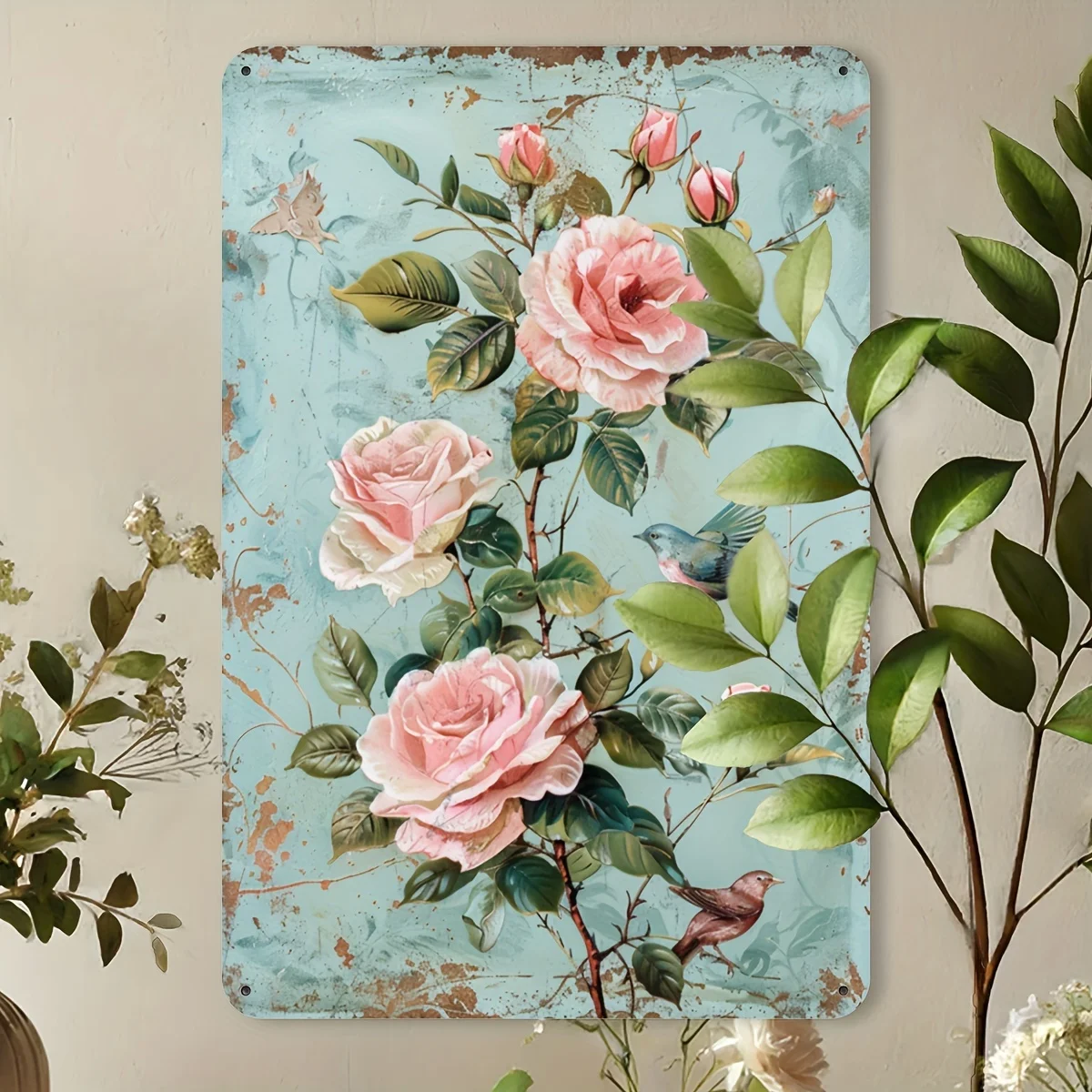 الرجعية الأزهار معدن القصدير تسجيل 8X12 بوصة الحديد جدار الفن البلد نمط الورد والطيور تصميم لا يتطلب الكهرباء