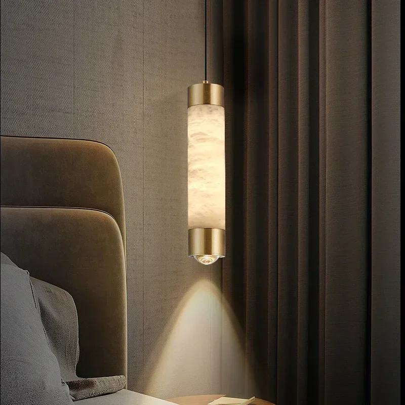 Simple Luxury Copper Modern Spanish Marble Small LED Chandelier High-end Bedroom Bedside Pendant Light Bar Counter Hanging Lamp