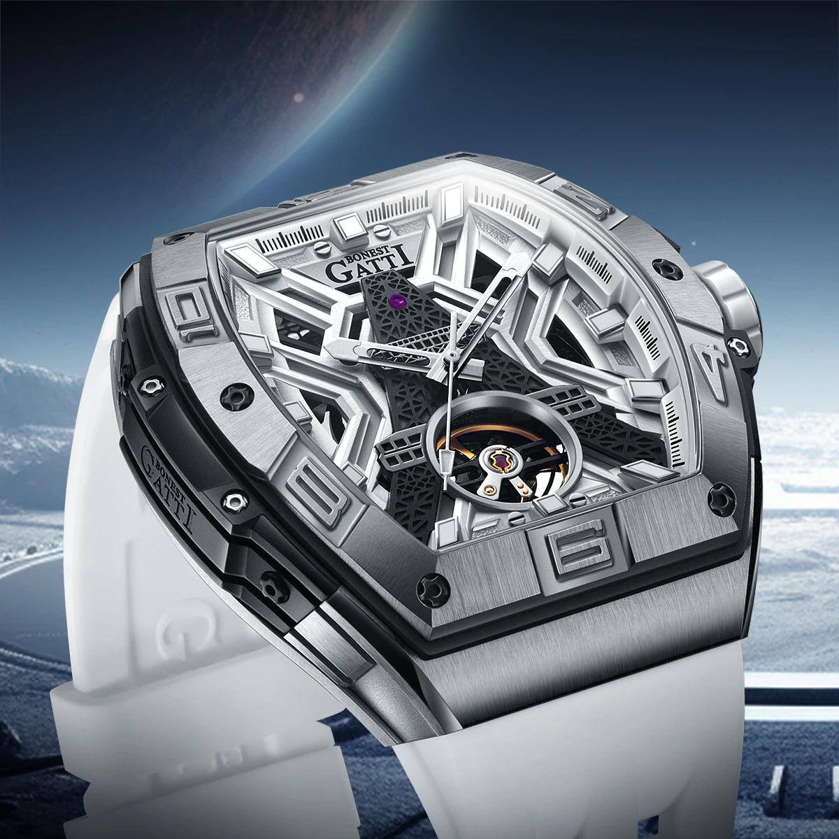 ساعة يد ميكانيكية فاخرة من BONEST GATTI مصنوعة من زجاج الياقوت المقاوم للماء بقرص ذهبي وردي وساعة ميكانيكية أوتوماتيكية