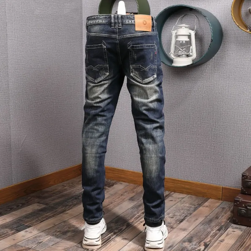 Italian Style Fashion Men Jeans High Quality Retro Blue Stretch Slim Fit Ripped Jeans Men Vintage Designer Denim Pants Hombre