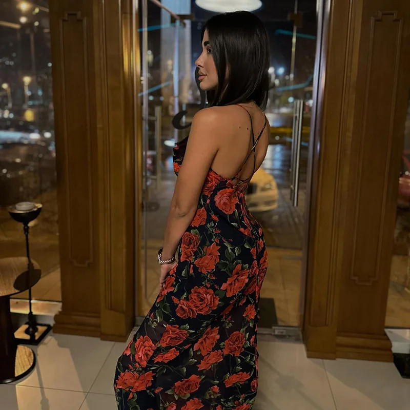 Damska Moda Sexy Sukienka na Ramiączkach w Jednolitym Kolorze Sznurowany Design Elegancka Sukienka Letnia w Linii A Długa 2025 Odzież Temperamentna, Madam