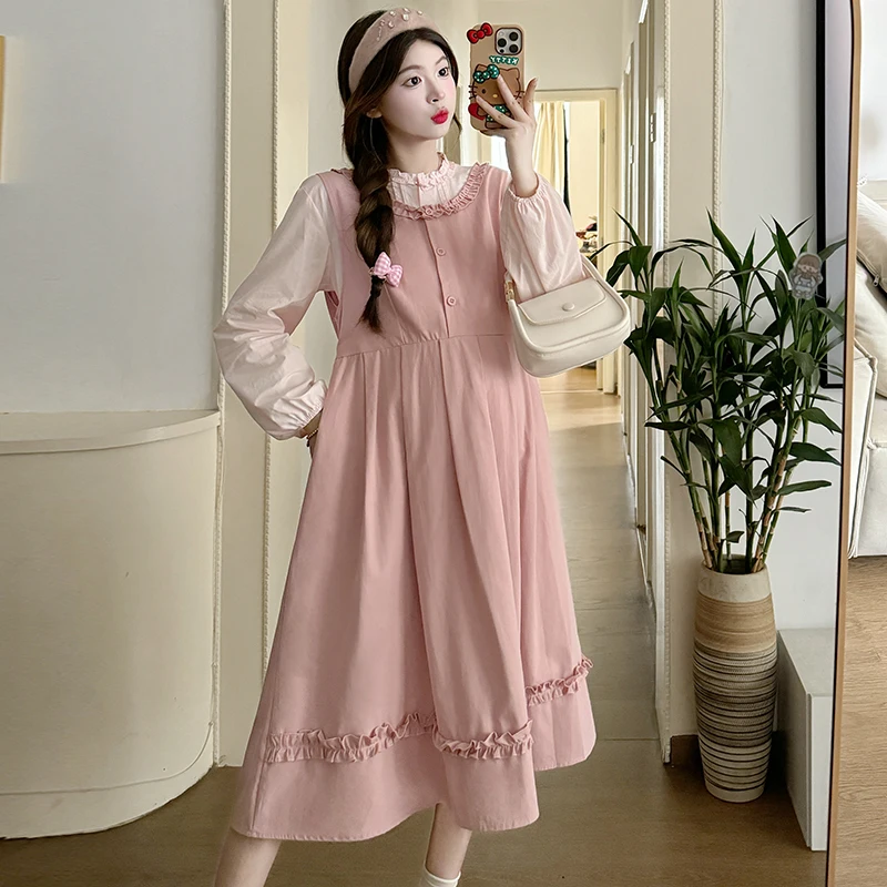 Autumn Maternity Dress Suits Long Sleeve Shirts+ruffles Patchwork Sleeveless Dress 2pcs/set Fashion Pregnant Woman Clothes Set