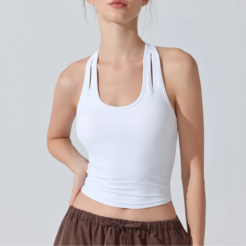 

Women Gym Yoga Top Solid Color Sleeveless Outdoor Running Crop Top Breathable Quick Dry Fitness Vest With Chest Pads Sportswear