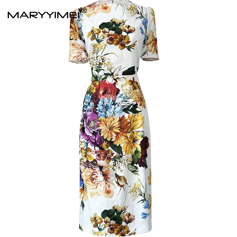 

MARYYIMEI Floral-Print Short Sleeved Fashion Dress For Women High Waist Slim-Fit Hip Wrap Cotton Casual Holiday Dresses