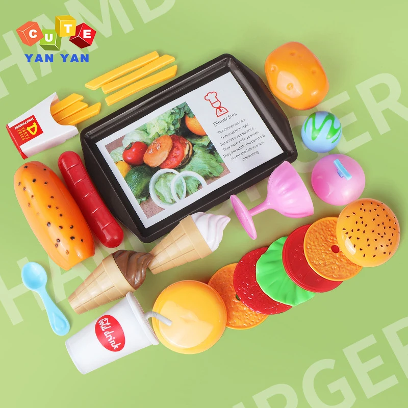 Kitchen Kids Simulation Fast Food Pretend Play Cooking Toy Hamburger Hot Dog Fries Ice Cream Cola Set Interactive Toys for Girls