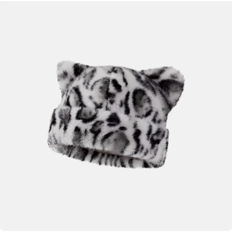 قبعة الدب القطيفة بطبعة الفهد للنساء، حلوة ولطيفة، سميكة ودافئة، قديمة ومتعددة الاستخدامات، قبعة صغيرة بغطاء للرأس. #4