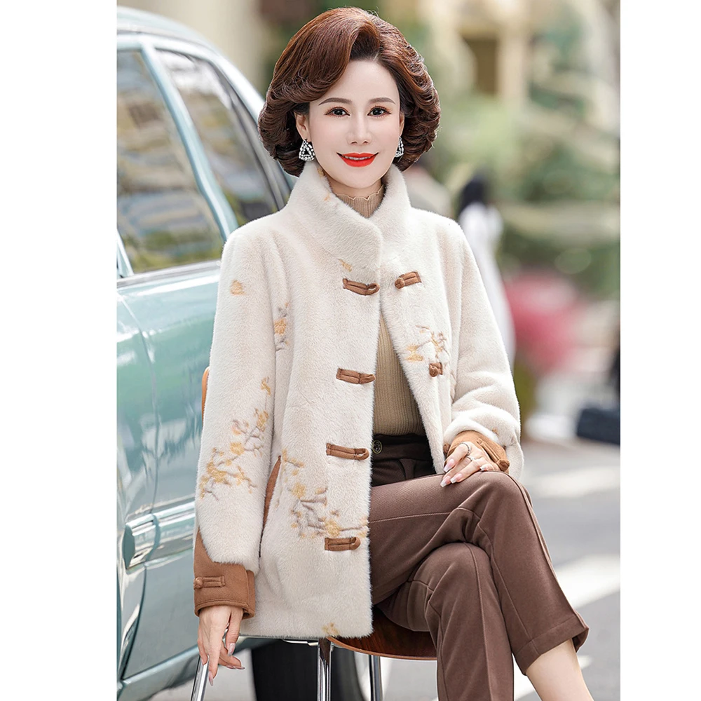 2024 New Autumn Winter Mother Faxu Fur Jacket Chinese Style Elegant Imitation Mink Velvet Wool Coat Women High End Fur Outwear