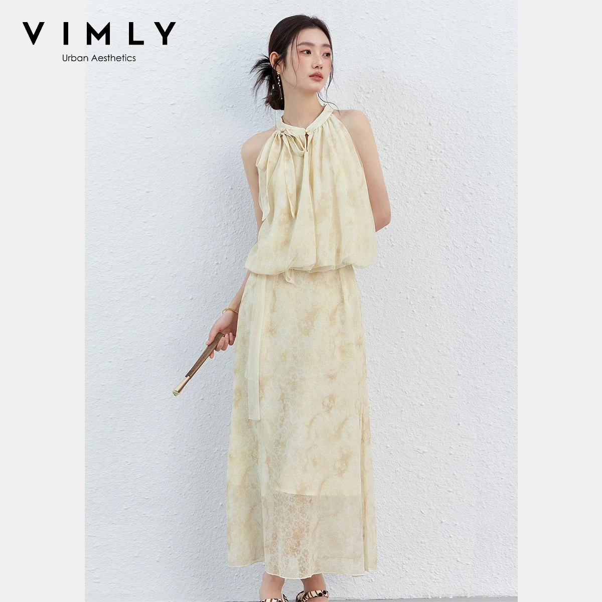 

VIMLY French Elegant Jacquard Two-Piece for Women 2026 Summer New Halter Neck Bow Tie Sleeveless Top Tulle Maxi Skirt Sets 30696