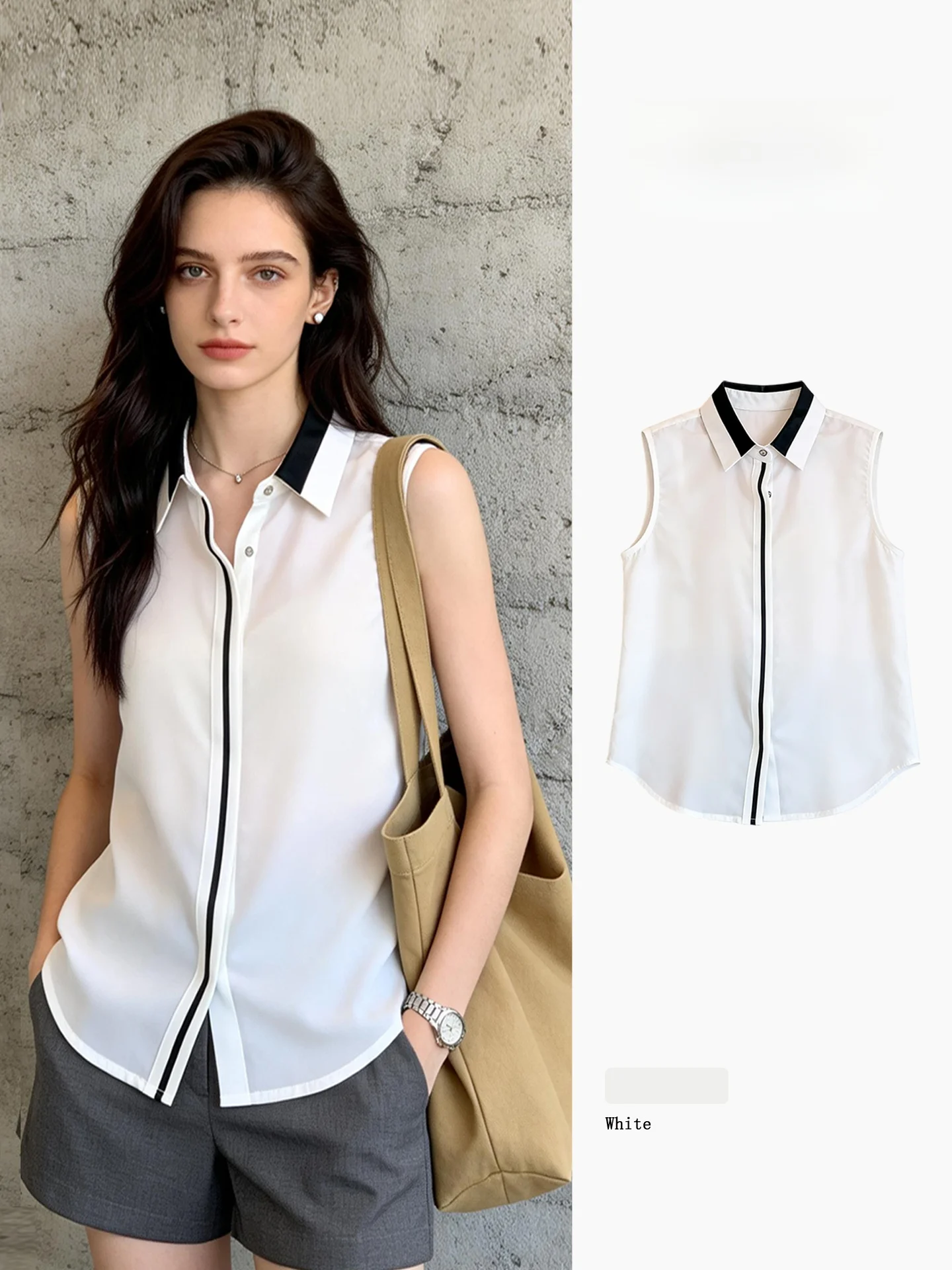 

Elegant Sleeveless White Shirt Women's Summer New Style Commute Slim Fit Korean Version Career Shirt Polyester Fiber Non-Stretch
