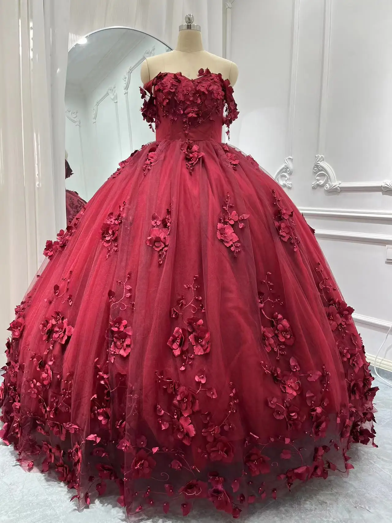 Real Picture Burgundy Mexican Sweet 15 16 Girl Quinceanera Dresses Off Shoulder Flower Ball Gown Dance Queen Prom Party Dress