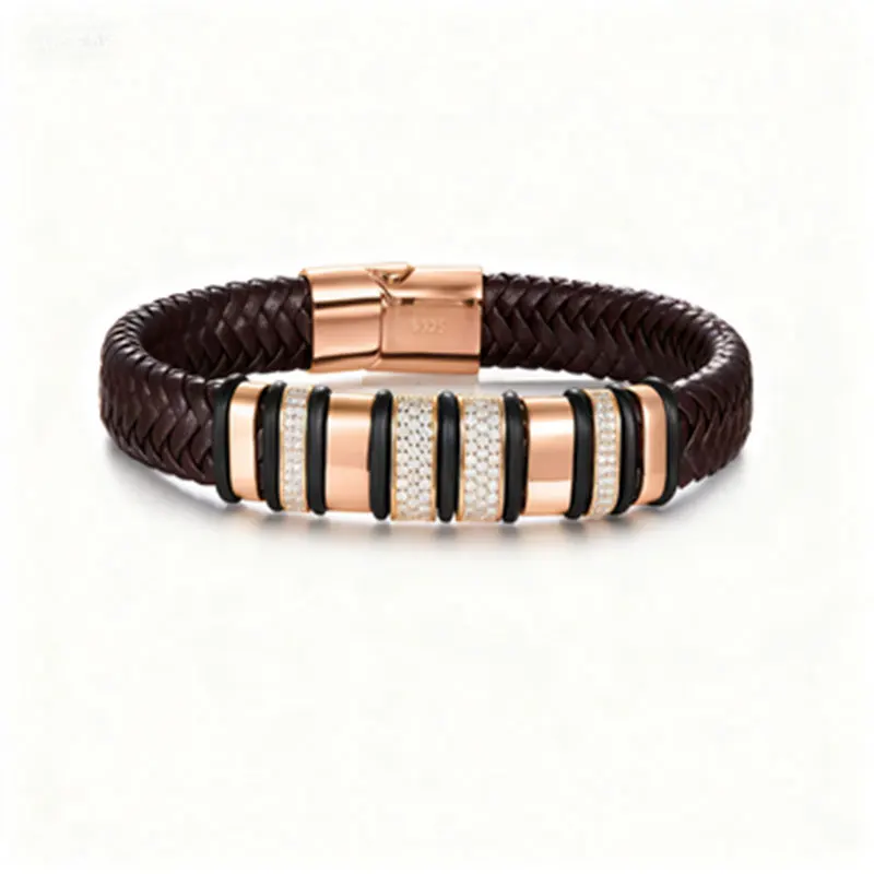 

S925 sterling silver encrusted moissanite cross-border trendy men's high-end business woven leather bracelet, European and Ameri