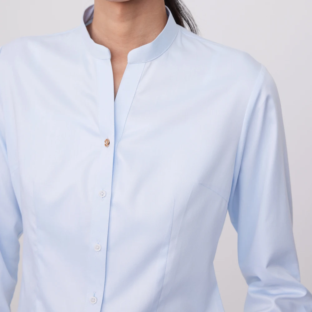 Women's Office Lady Stand Collar Slim-fit Dress Shirts Without Pocket Bamboo Fiber Long Sleeve Versatile Female Blouses Shirts