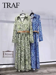 TRAFZA 2024 Women's Fashion Printed Long Dress Long Sleeve With Belt Dresses A Line Casual Loose Mujer Vestidos Beach Style