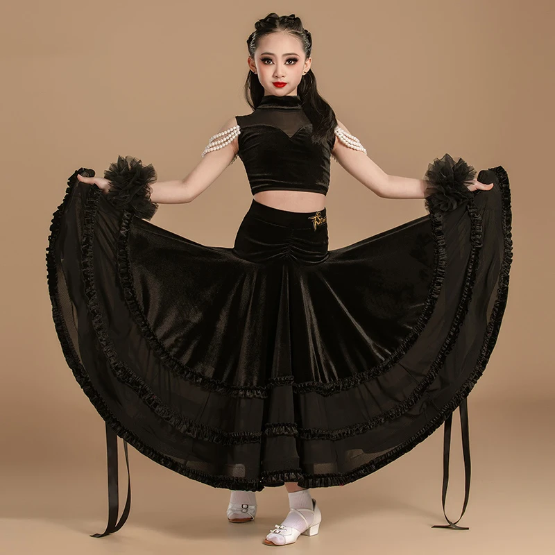 Vêtements de danse de salon pour filles, Costume de spectacle de danse Walrz, hauts en perles, jupe longue, vêtements de concours de danse de salle de bal BL14914