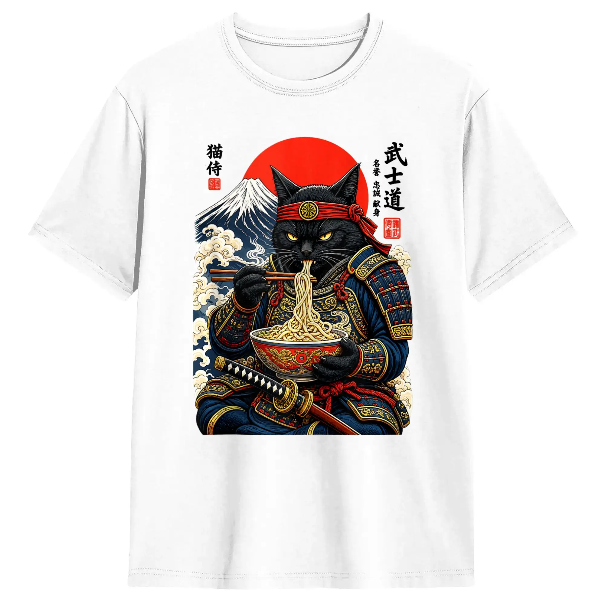 Schwarze Katze Samurai isst Ramen Lustiges japanisches Katzenkrieger-T-Shirt Harajuku T-Shirts Streetwear Oberteile Baumwolle Übergrößenkleidung