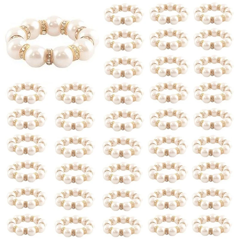 100Pcs Pearl Napkin Rings Imitation Pearl Beaded Rhinestone Napkin Ring Holder Napkin Rings Serviette Napkin Rings