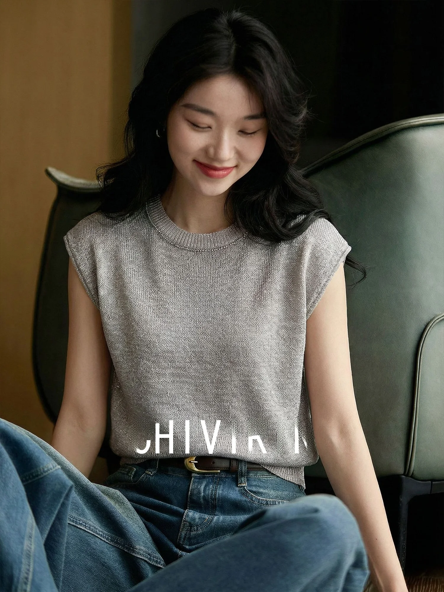 

Elegant Lazy Style Women's Sleeveless Knitted Shirt Linen Loose Fit Summer Fashion Slimming Top Chivirin Casual round Neck