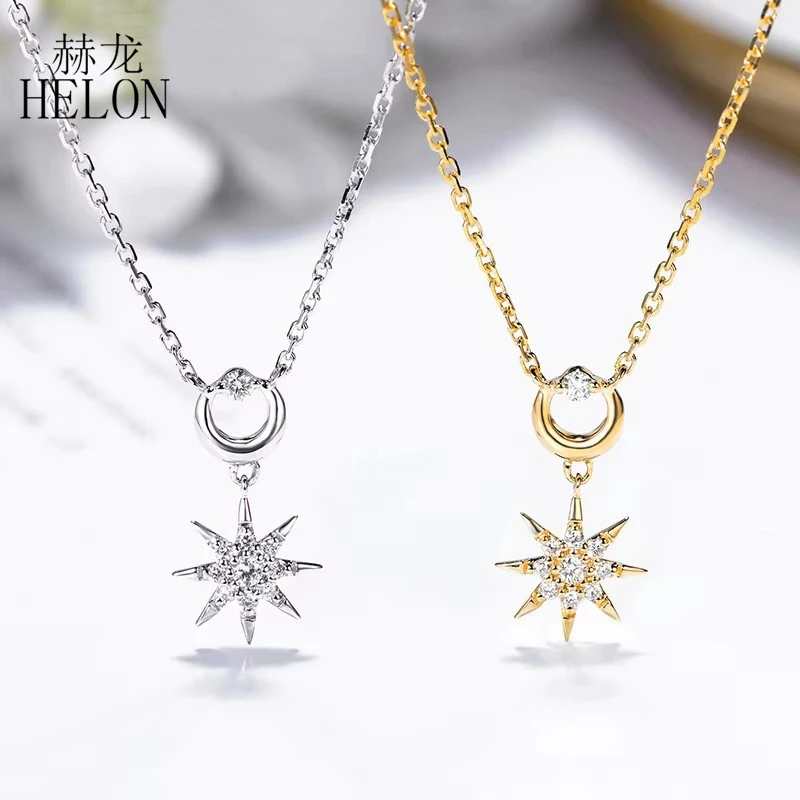 HELON Solid 18k AU750 Yellow Gold Natural Diamonds Star Pendant Necklace Clavicle Chain Women Fine Jewelry Handcrafted