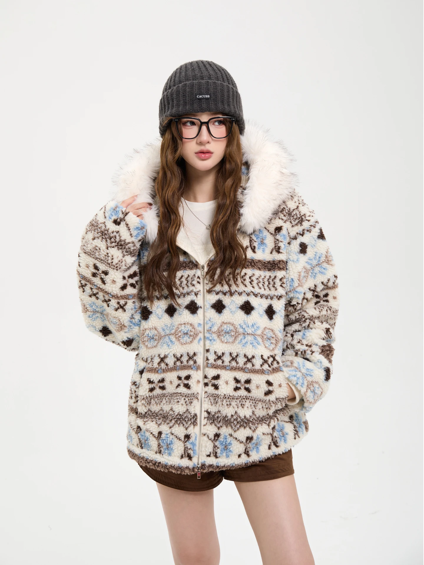 

7KEEWEN Winter Thiened Hooded Cotton Jaet Warm Fur Collar Lazy Sle Street Faion Loose Fit Long Sve Zipper Closure