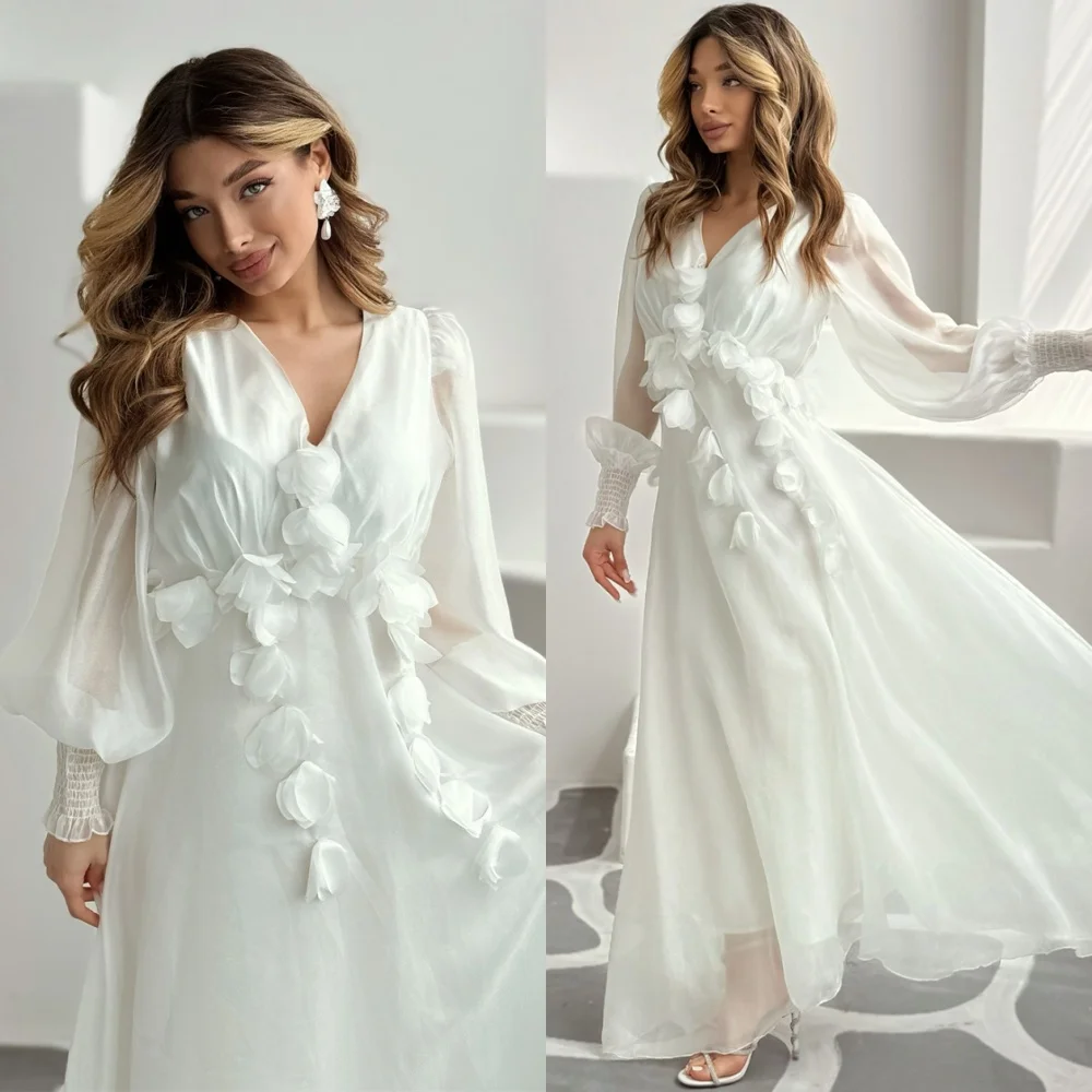

Customized Fashion Chiffon Evening Dress Exquisite V-Neck Long Sleeves Homecoming Dresses Soft Sweep Train Celebrity Gowns