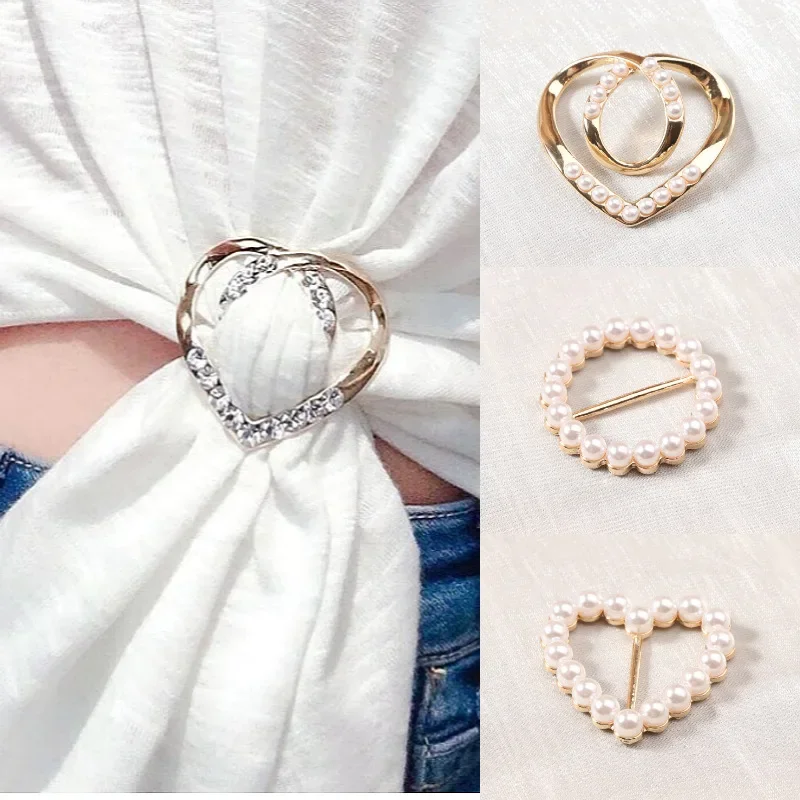 New Fashion Corner Hem Waist Knotted Brooches Crystal Pearl Metal Hijab Scarf Ring Button Shirt T-shirt Fixed Buckle Accessories