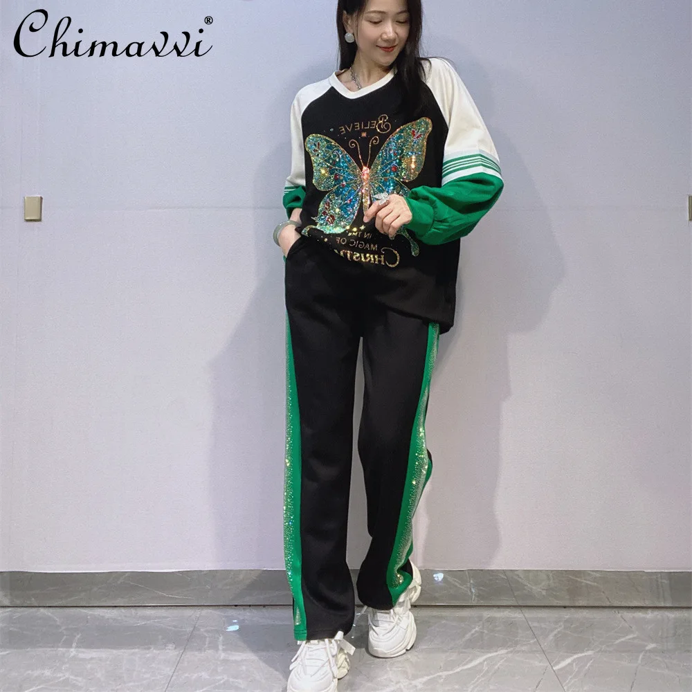 

European Women Autumn Fashion Round Neck Pullover Long Sleeve Sweatshirt Long Pants Large Size Beaded Sportswear Two-Piece Set