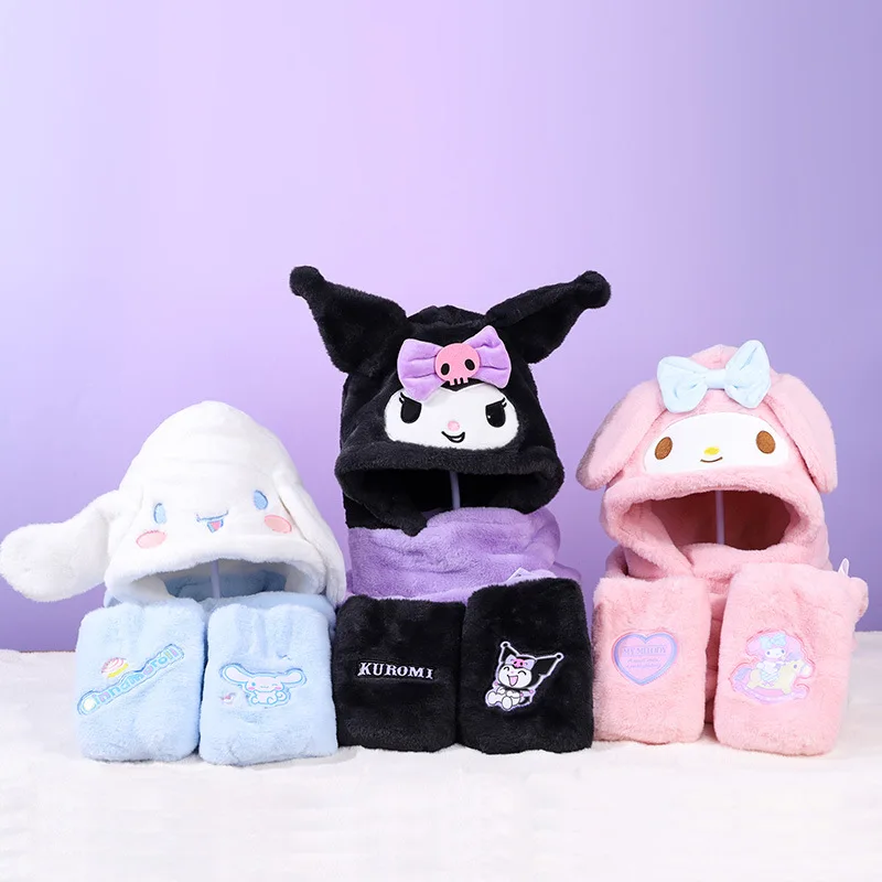 Sanrio Hello Kitty Plush Scarf Hooded Children Winter Warm Gloves Melody Kuromi Cute Y2k Girl Hats Scarves Gloves All in One