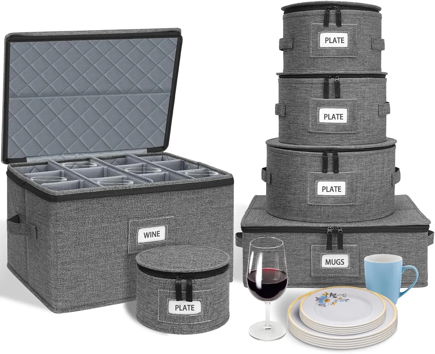 

6-Piece Hard Shell Storage Containers with Dividers & Handles, Organizer for Mugs, Wine Glasses, Dinnerware Moving Boxes, Grey