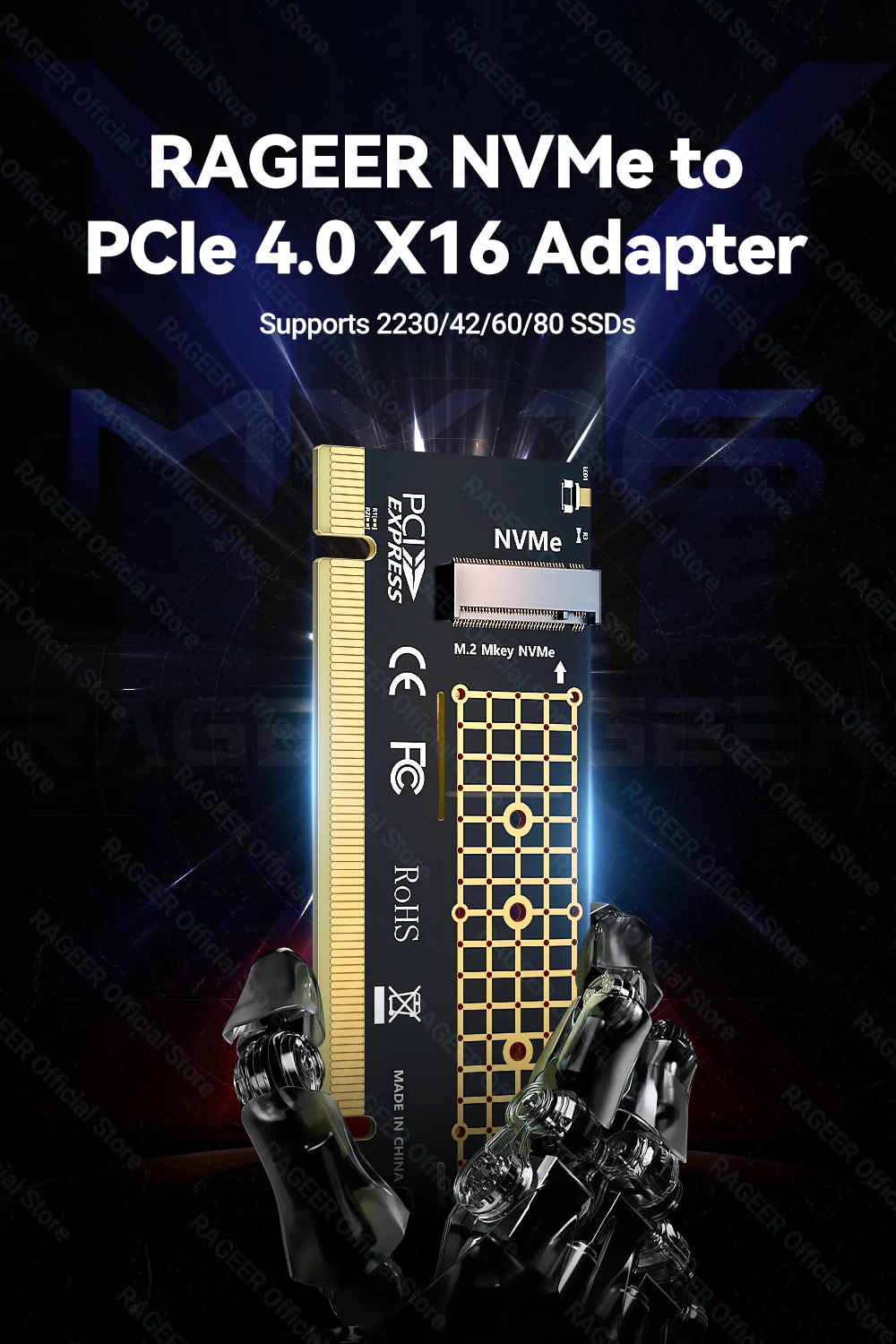RAGEER M.2 NVMe zu PCIe 4.0 x16 Adapterkarte unterstützt 4 TB SSD und 64 Gbit/s Geschwindigkeit, kompatibel mit 2280/60/42/30 NVMe SSDs – Detail 1