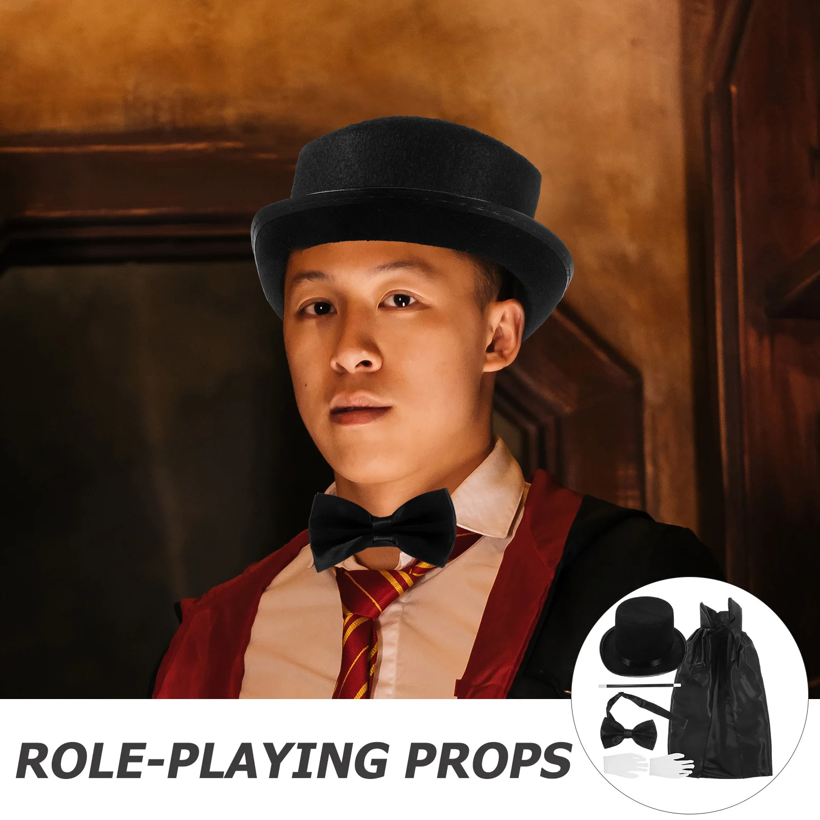 

1Set Detective Cosplay Costume Hat Gloves Bowtie Magician Role Play Party Accessories Detective Costume Performance Kit