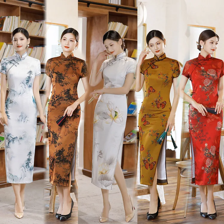 Summer Autumn New Style Cheongsam Long Dress Retro Slim-Fit Banquet Double-Layer Costume