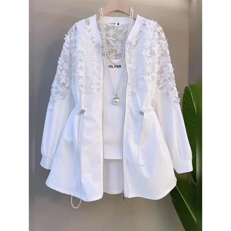 Summer Three-Dimensional Flower Windbreaker Plus Size Womens Fat Sister Western Style Joker Slim Lace Stitching Long Sleeve Coat
