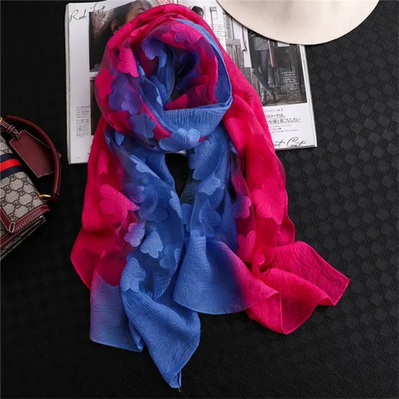 2024 NEW Fashion Women Cut Flowers Hollow Lace Gradient Flower Silk Scarf Spring Shawls and Wraps Towel Femme Beach Sjaals