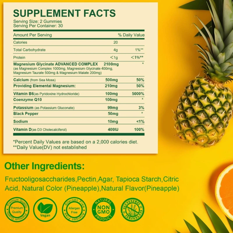 Adult Magnesium Compound Supplement Gummies: Glycine Taurine Gummies - Supporting Skeletal and Muscle Health 60 Gummies
