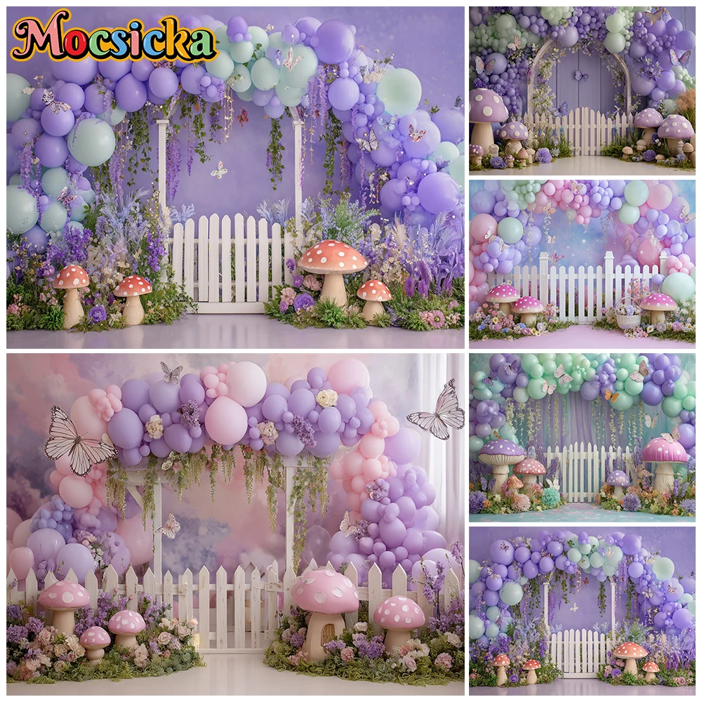 

Mocsicka Purple Fairy Magical Garden Photography Backdrop Balloon Mushroom Background Birthday Party Newborn Kid Baby Photoshoot