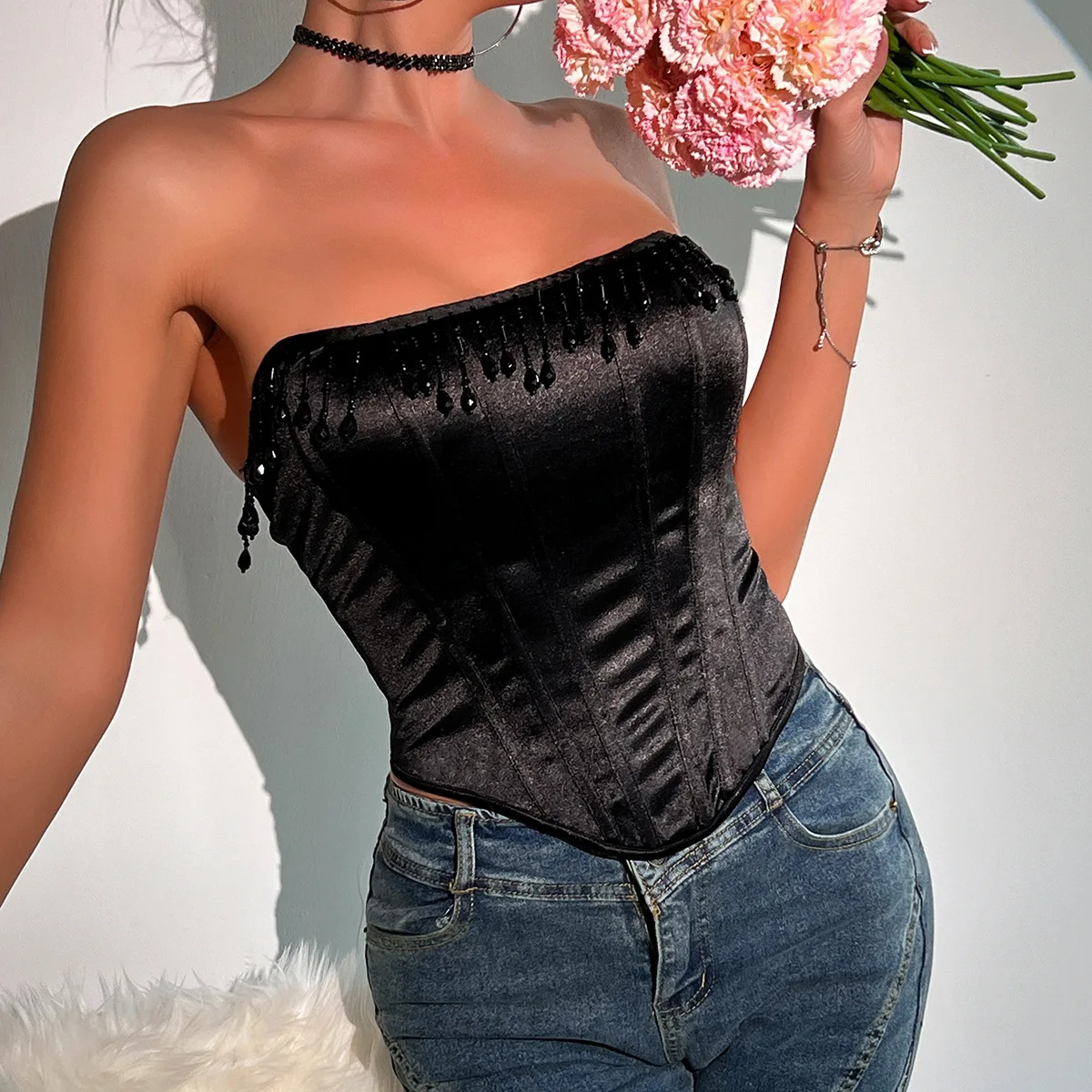 Women's Sexy Backless Corset Tops Solid Color Patchwork Fringe Bustier Summer Slim Sleeveless Tank Top Ladies y2k Lingerie Camis