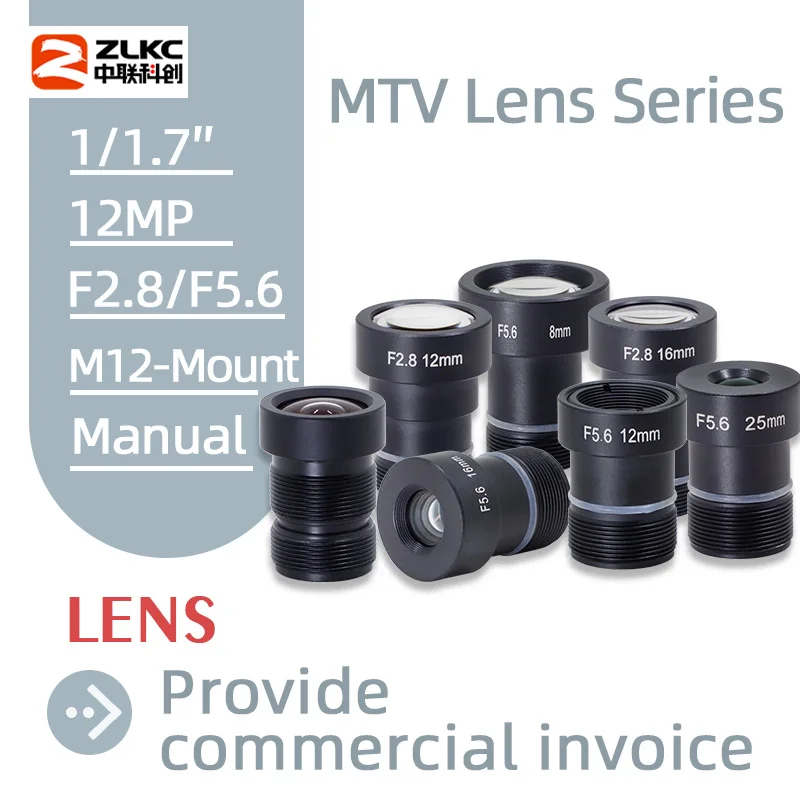 Lente ZLKC M12 de 1/1.7 polegadas, micro lente de 12MP de alta resolução, lentes de câmera F2.8 F5.6 para visão artificial 6mm 8mm 12mm 16mm 25mm