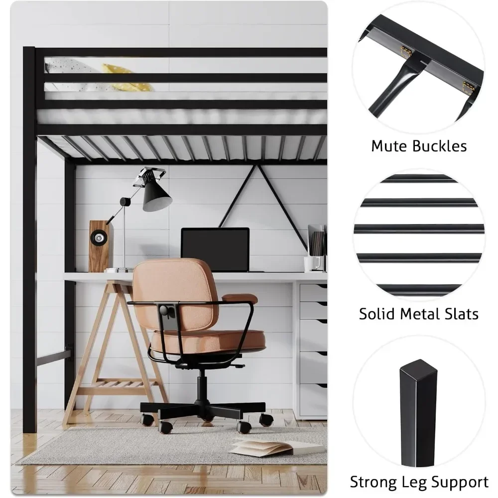 إطار سرير مزدوج عالي التحمل لسرير جونيور لوفت مع حاجز حماية كامل الطول وسلالم قابلة للإزالة، لا حاجة إلى صندوق زنبركي، سرير أسود #4