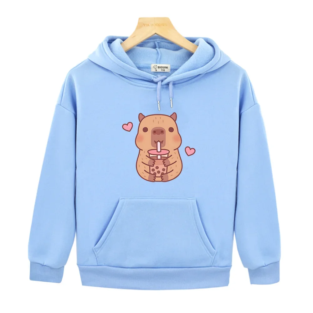 

Capybara Loves Drinking Bubble Tea Hoodies Casual Children Kawaii Autumn Sweatshirts Fleece Warm Boys and Girls Pullovers Kids