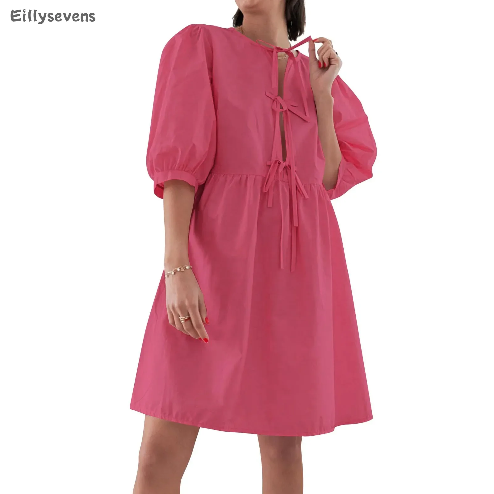 Women's plus size loose dress Tie Up Puff Sleeve Casual knee length skirts O Neck Sundress Party Dresses Midi  vestidos largos