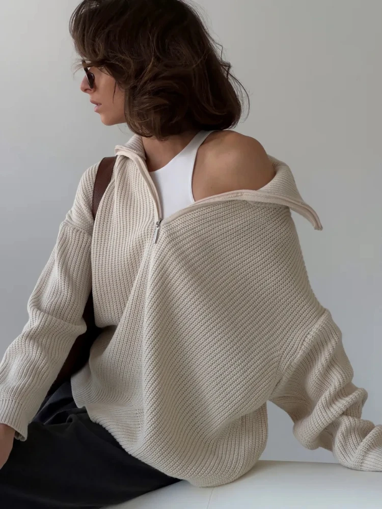 

Loose Lapel Casual Knitted Oversized Sweater Women's Pullovers Zippers Korean Fashion Jumper Women Autumn 2025 New Knitwear