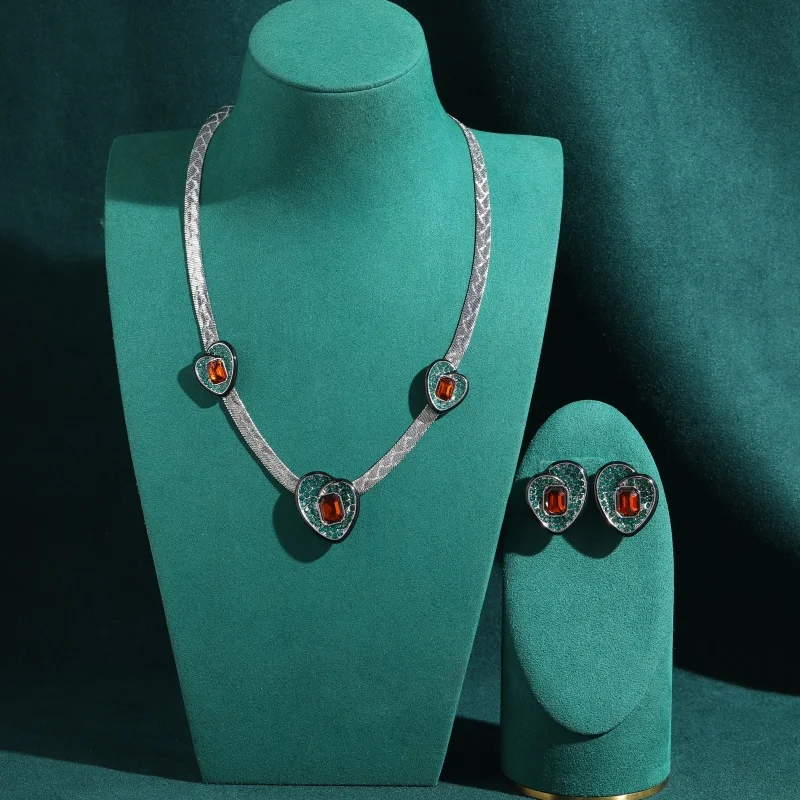 Vintage Blue Pink Crystal Alien White Rhinestone Heart Jewelry Sets Necklace Earrings Luxury High Quality Pretty Gift For Women