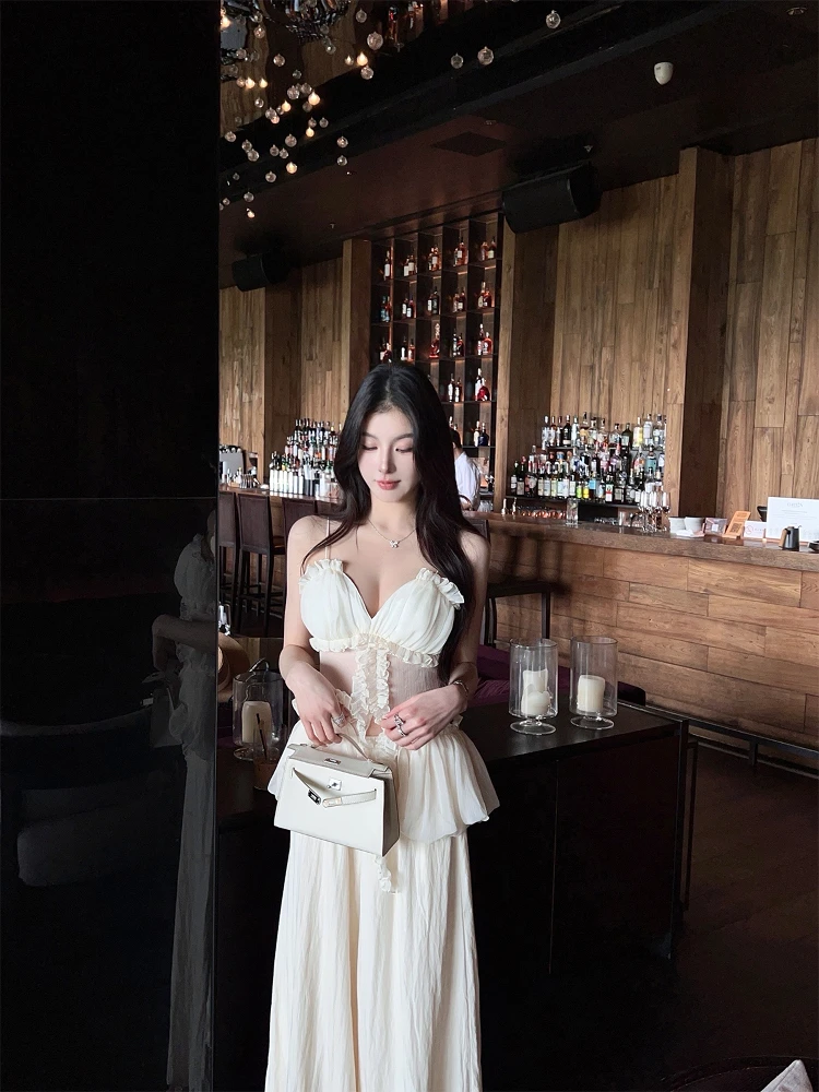 

Летний новый топ FairyJiang с V-образным вырезом, оборками, белый шифоновый, на бретельках, с пышным подолом, модный, для отпуска, приталенный