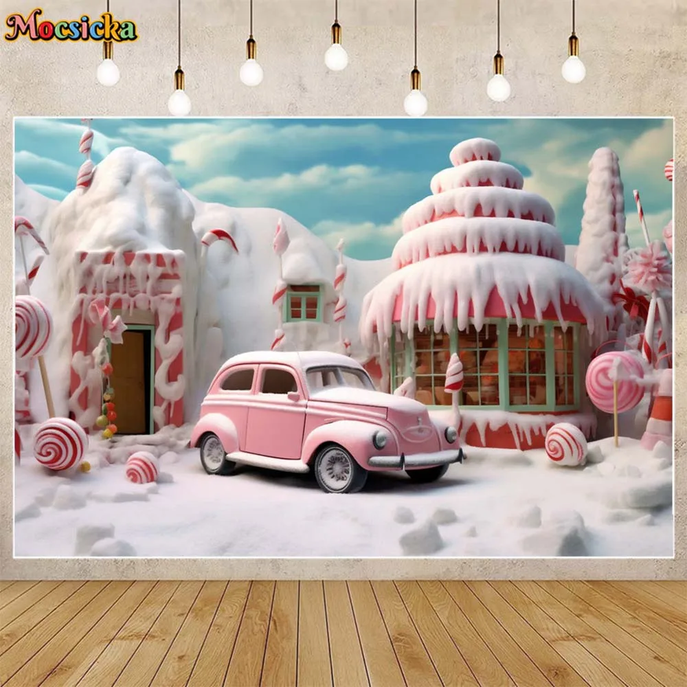Mocsicka Pink Castle Candyland Backdrop Baby Kids Birthday Party Decor Winter Snow Photography Background Studio Photocall Props