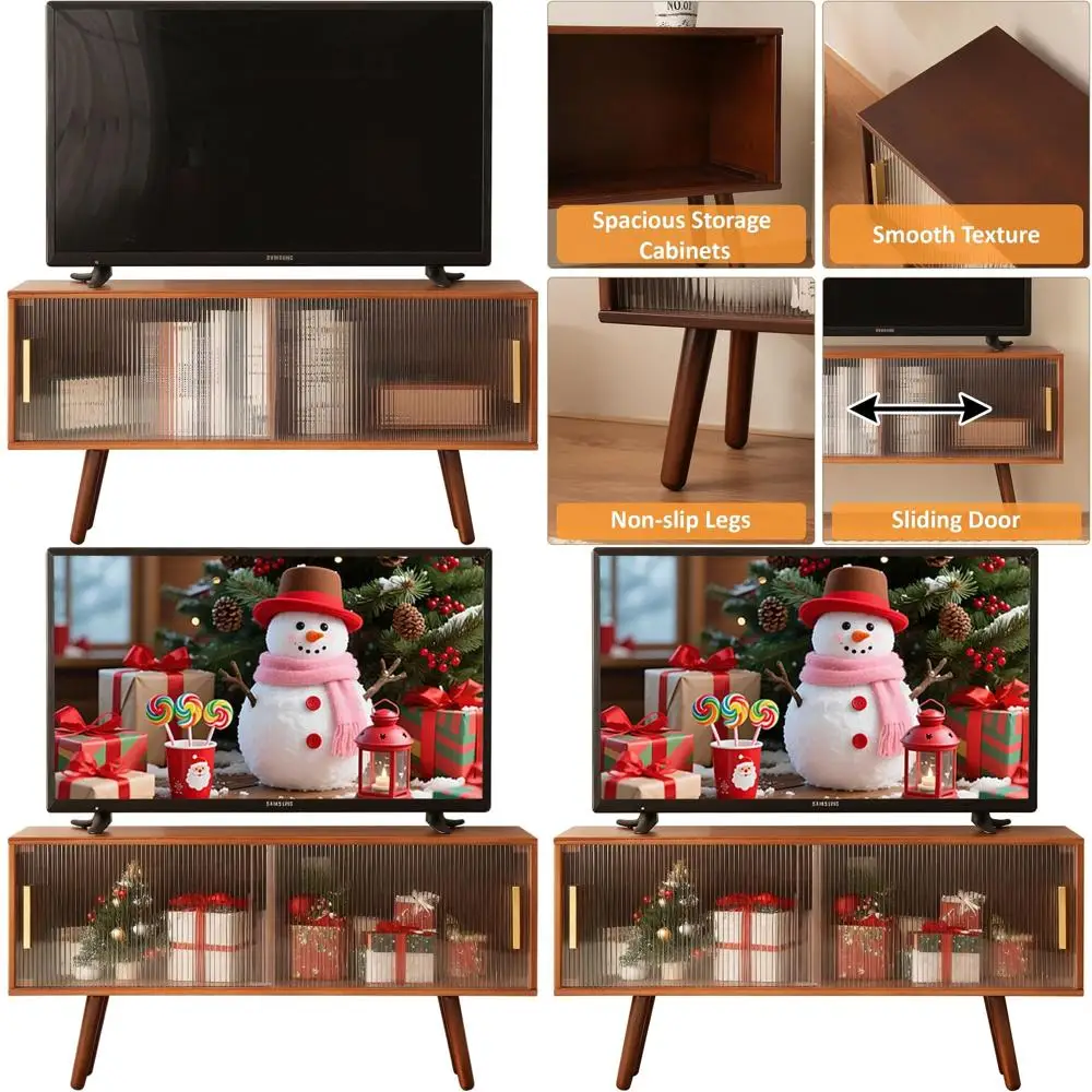 حامل تلفزيون من الخيزران، مركز ترفيهي، حامل تلفزيون حديث لمنتصف القرن لأجهزة التلفاز مقاس 50-55 بوصة، طاولة وحدة تحكم الوسائط باللون البني الريفي، #1