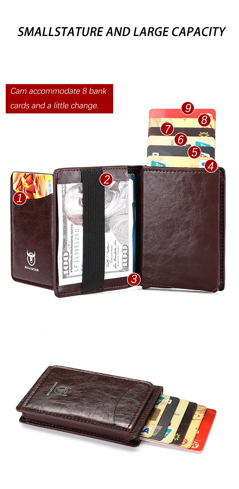 Bullcaptain Credit Card Holder Men Wallet RFID Blocking Protected Aluminium Box Leather Wallets with Money Clip Card Holder