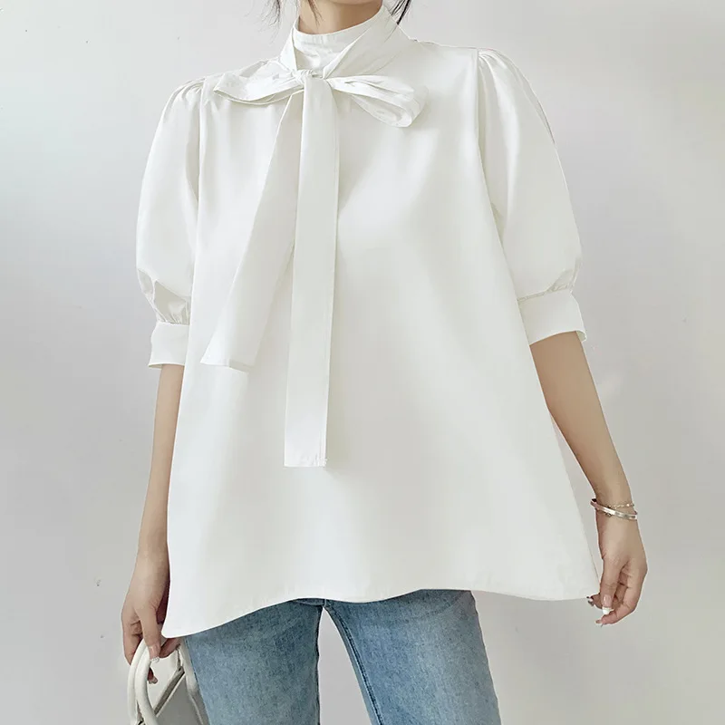 

2024 New Pullover Straight Lantern Short Sleeve Bow Tie Stand Collar Shirt For Women Top Korea Style Japan Tee